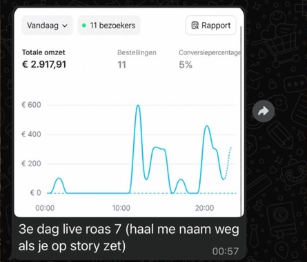 Geschoonde uitsnede van de chat en het dashboard met €2.917,91 omzet en 11 bestellingen.